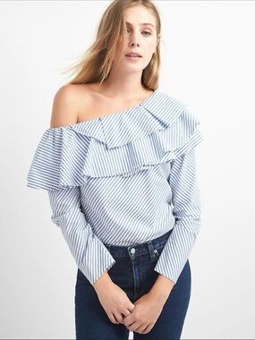 One-Shoulder Blue Stripe Ruffle Top